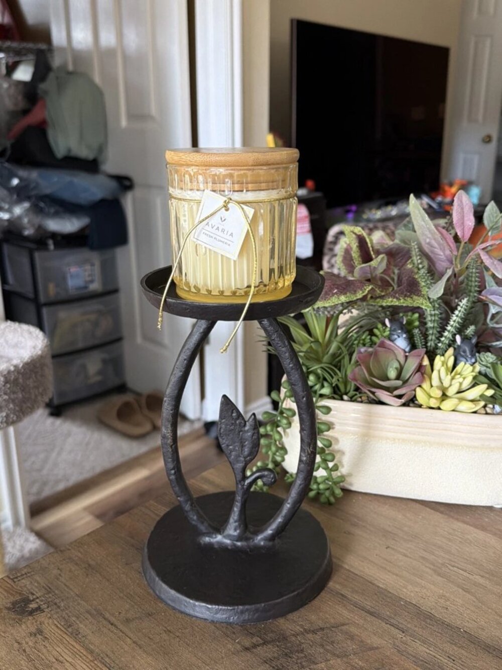 Pottery Barn Botanical Leaf Hammered Iron Pillar Candle Holder
